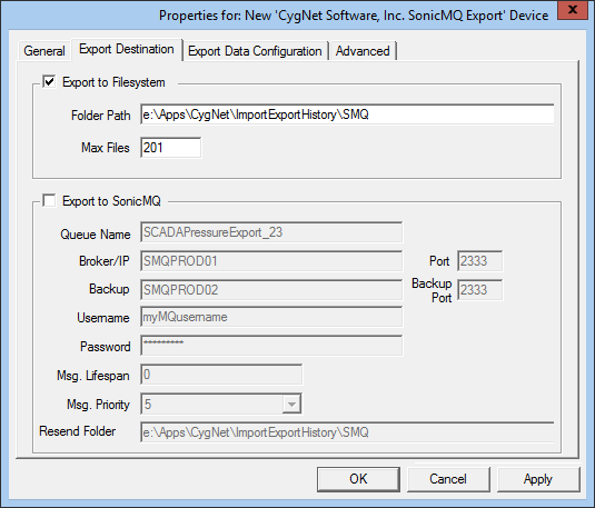 Export Destination page